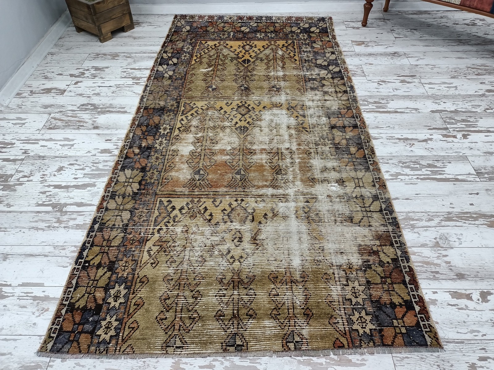 Turkish Handmade Rug Vintage Wool Ikat 4.6×9.7 Ft Rustic Nomadic Carpet
