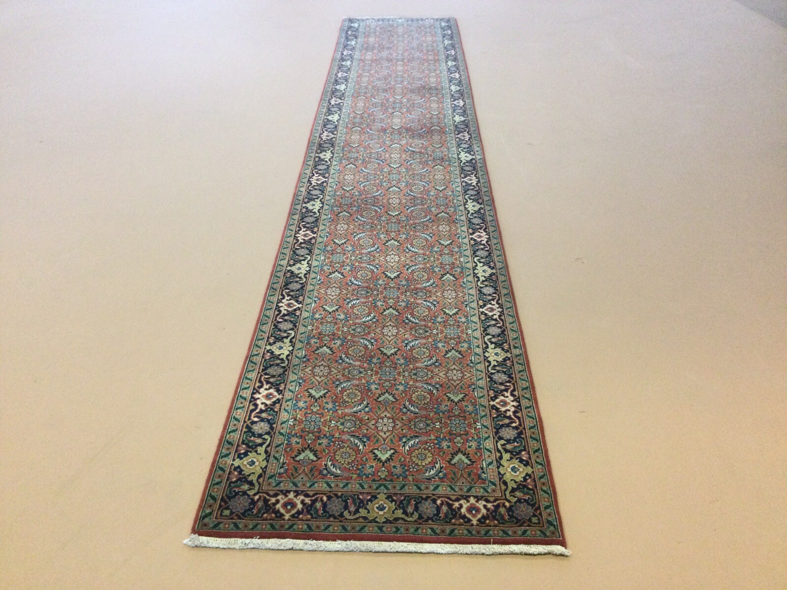 2’.7” X 14’ Rust Navy Blue Excellent Geometric Oriental Rug Runner Hand Knotted