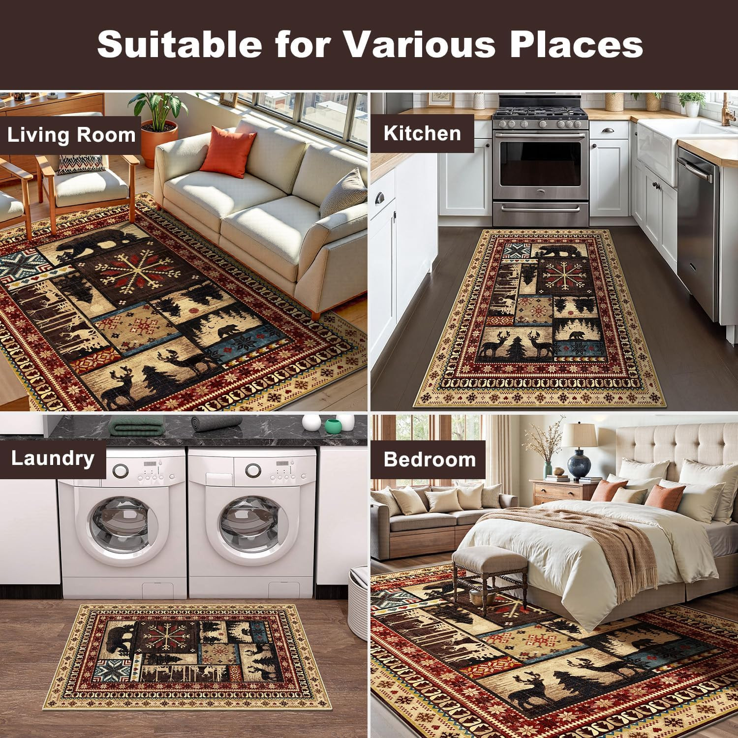 Rustic Cabin Area Rug 8×10, Machine Washable Bear Print Rug, Non-Slip Low Pile S