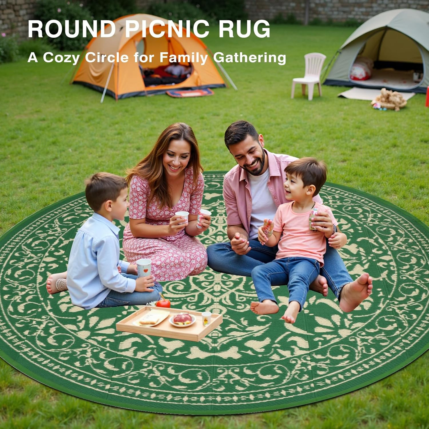 Vintage Waterproof round Outdoor Rug 8 Ft, Portable Reversible Plastic Straw Cir