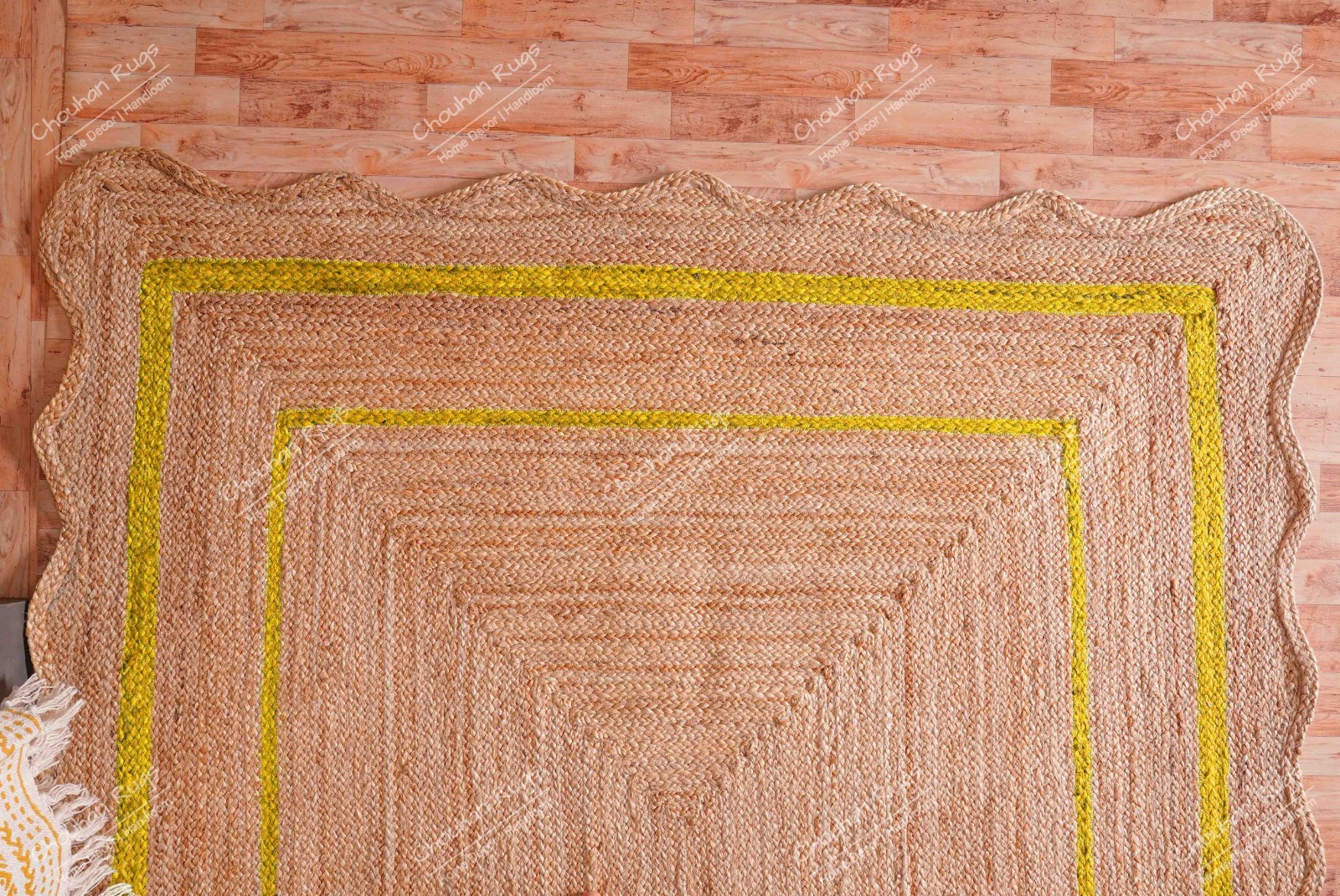 Hand Braided scallop Jute rugs with yellow border home and living room decor rug