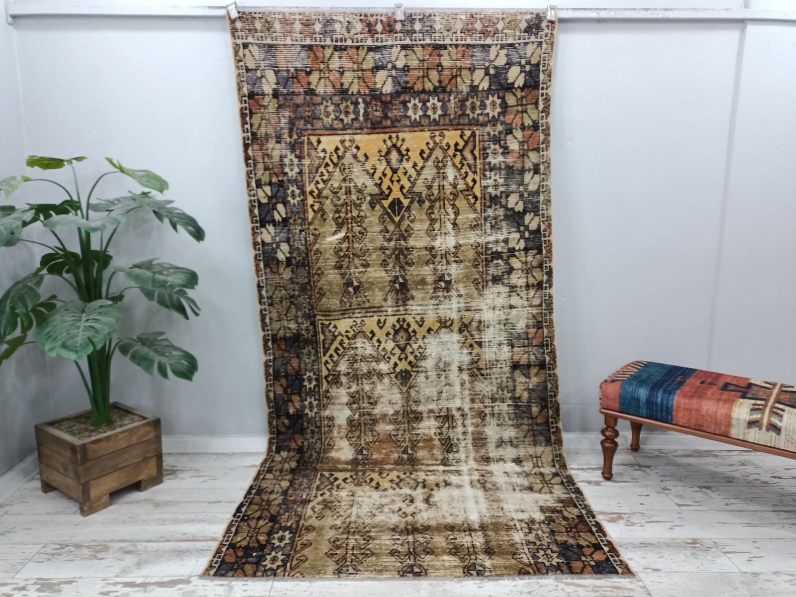 Turkish Handmade Rug Vintage Wool Ikat 4.6×9.7 Ft Rustic Nomadic Carpet