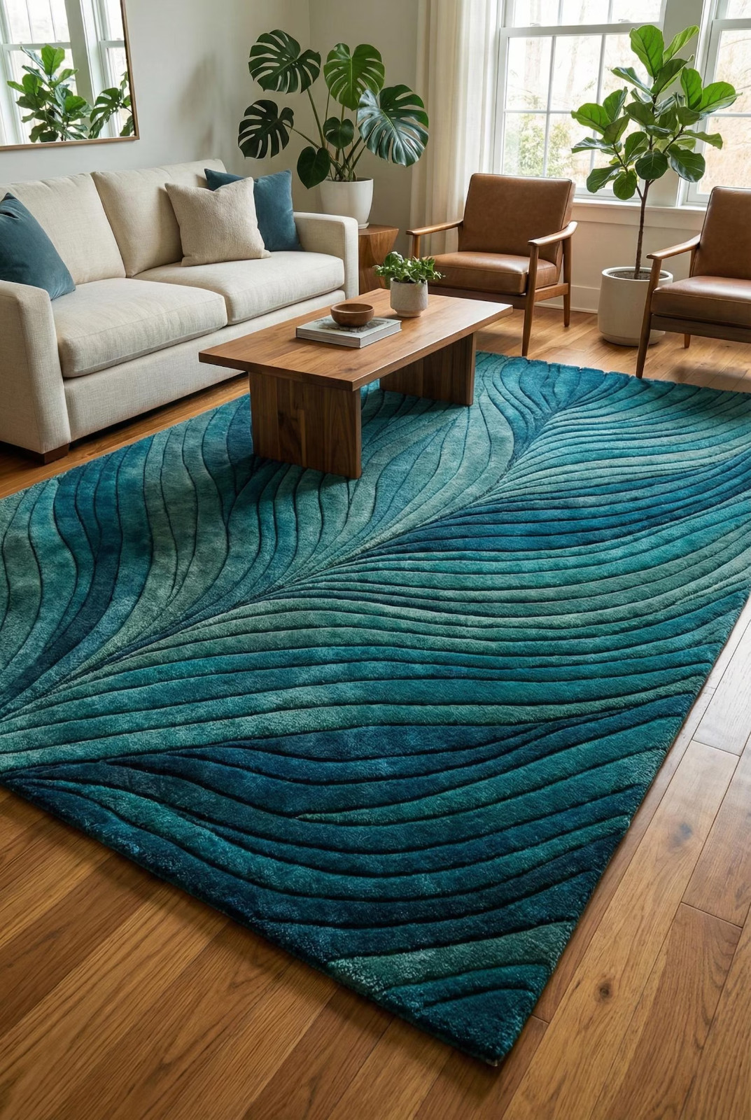 Modern Teal Geometric Area Rug – Hand Tufted 3D Wave Pattern – Luxury High-Low