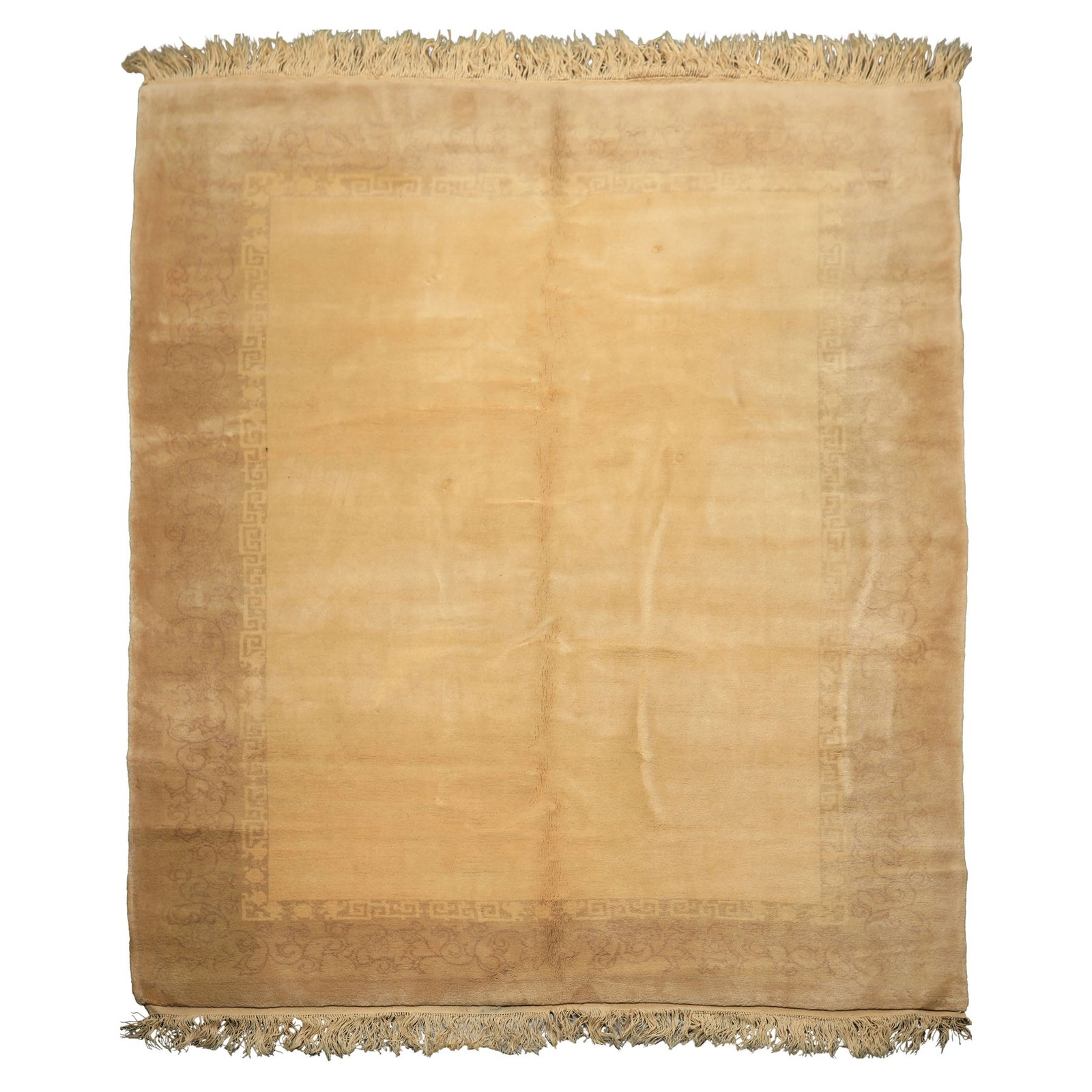 7’10”x9’6” Tibetano Hand Knotted Wool & Silk Beige Oriental Silky Sheen Rug