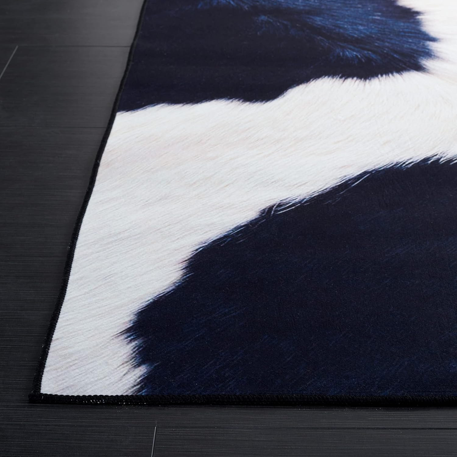 10′ x 14′ Washable Faux Hide Rug, Ivory & Dark Blue Cow Print