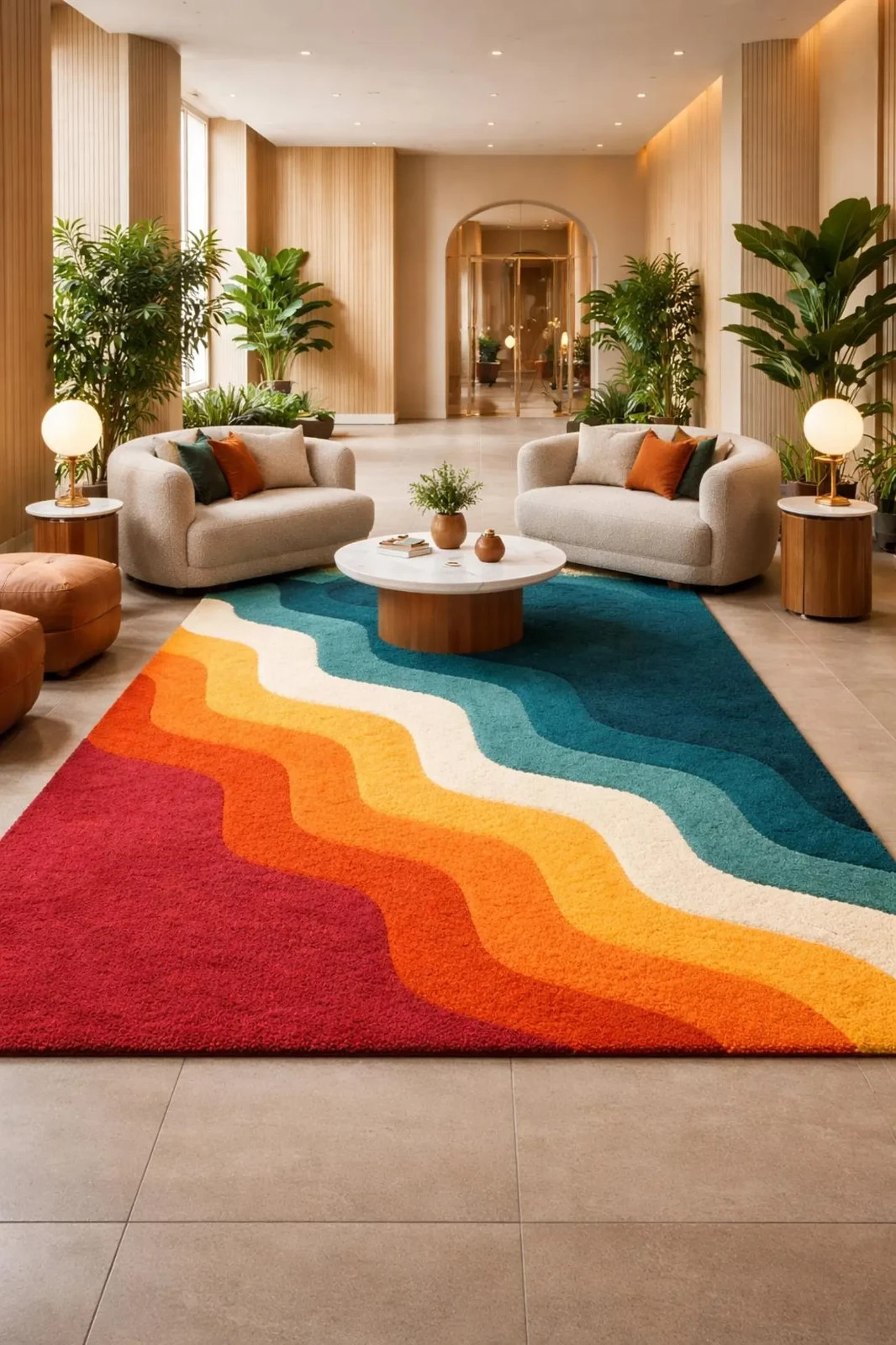 Hand Tufted Rug 100% New Zealand Wool | Abstract Wavy Retro Rug Multicolor (Red,