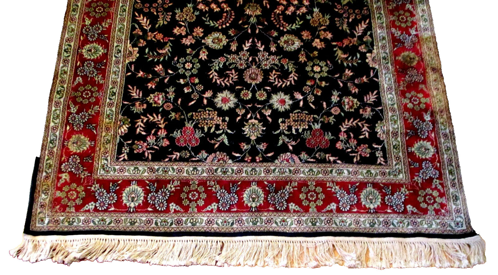 Vintage Hand Knotted Silk Blend Area Rug Plush Wool Floral Black Red 6.5′ x 4′