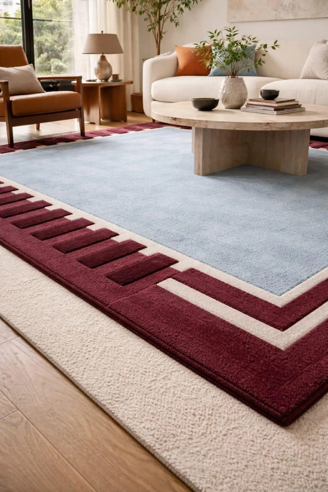 Hand Tufted Wool Area Rug – Sky Blue, Burgundy Geometric Border Design Area Rug.