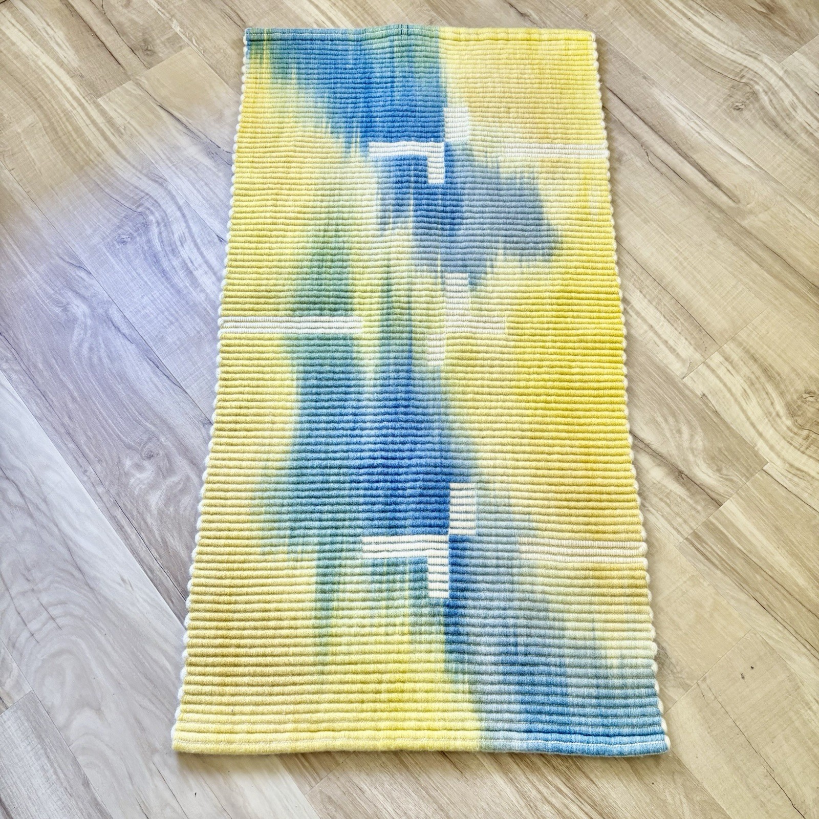 Hand Loomed Wool Throw Rug Yellow Blue Abstract Hand Dyed Plush Watercolor 28×53