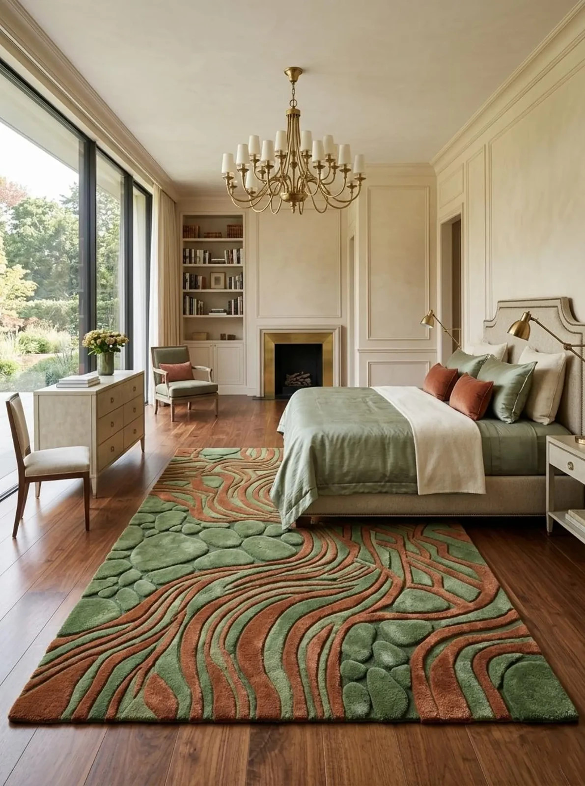 Olive & Rust Wool Hand-Tufted Rug | Abstract Path 3D Carved Design | 9×12