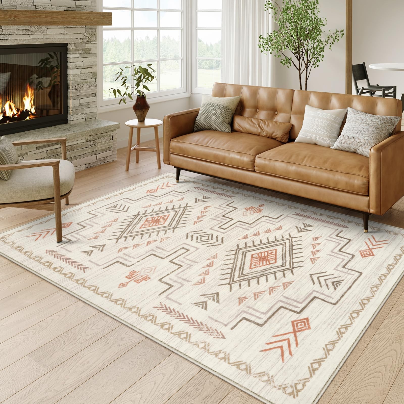 Moroccan Washable Area Rug 5×7, Beige Western and Aztec Tribal Boys Neutral R…