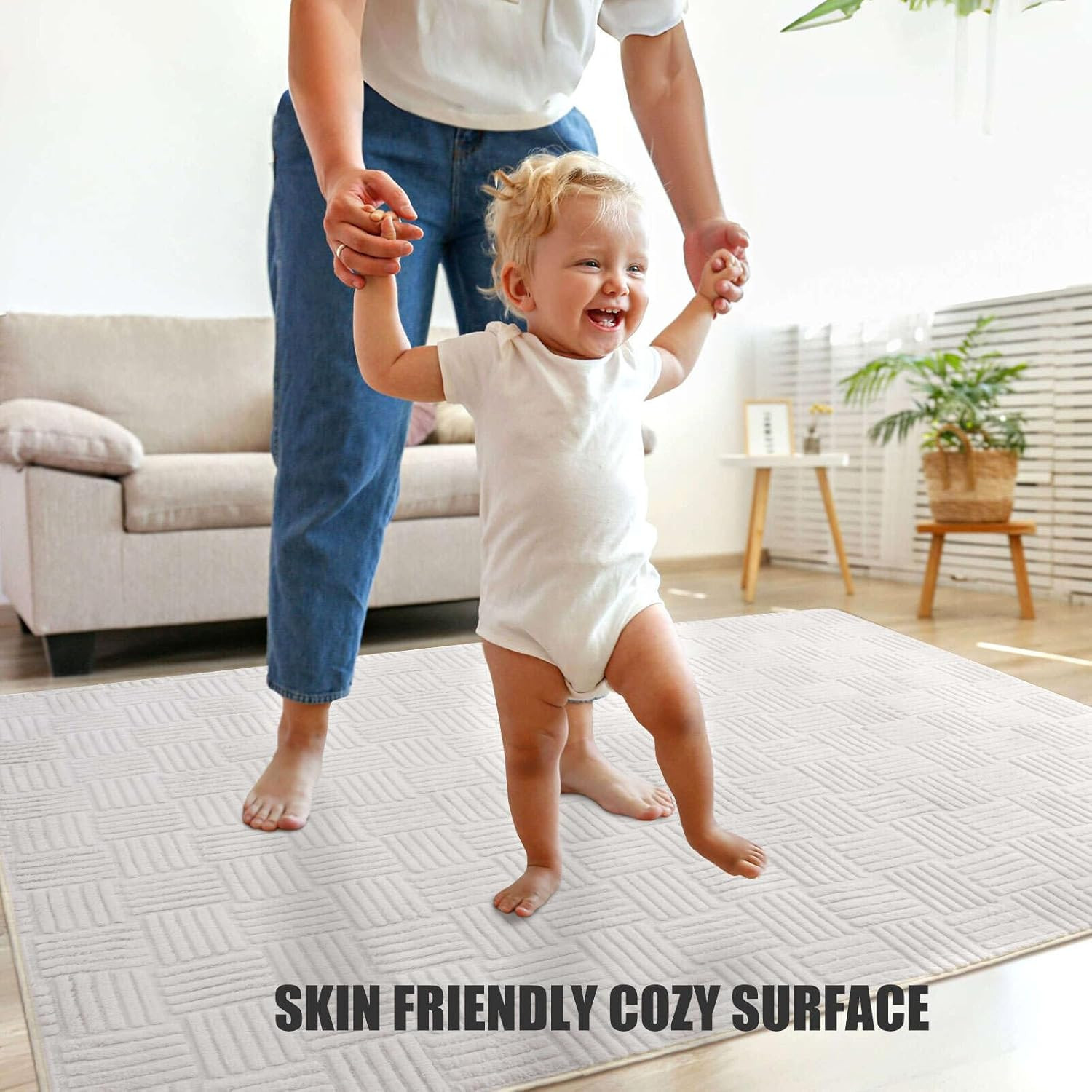 Modern Shag Area Rug, 4 X 6 Feet Cream White Washable Rug for Living Room Bedroo