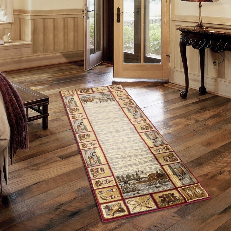 Conrad Home Cabin Life 2’7”x7’3” Lodge Runner, Red Nature/Fishing – CBL30032-7