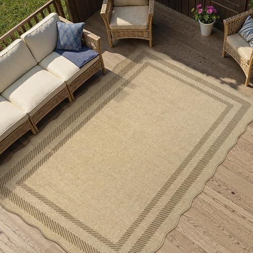 LIVEBOX 3×5 Area Rug Scalloped Geometric Tan Non-Slip Washable Indoor Outdoor Ma