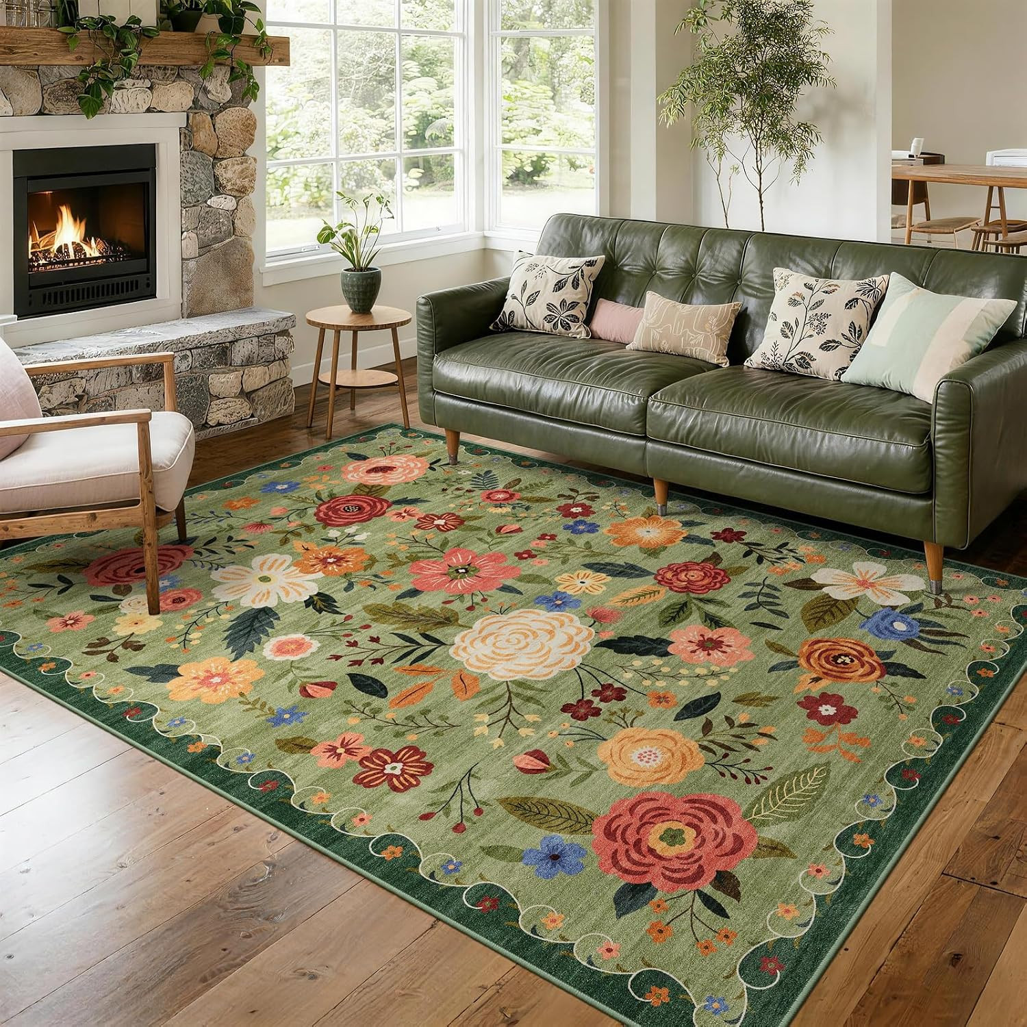 5X7 Washable Area Rug for Living Room, Floral Non-Slip Non-Shedding & Easy Care,