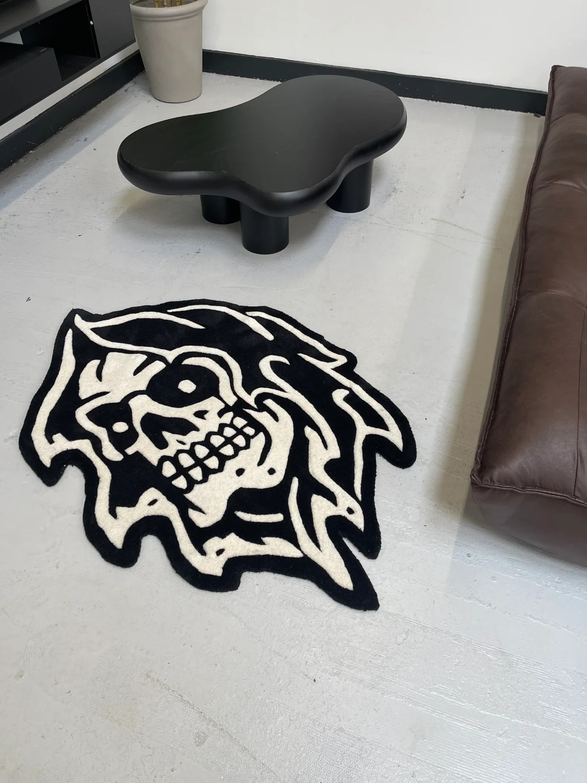 Grim Reaper Skull Tattoo Rug Hand Tufted Wool Gothic Black Area Floor Rug