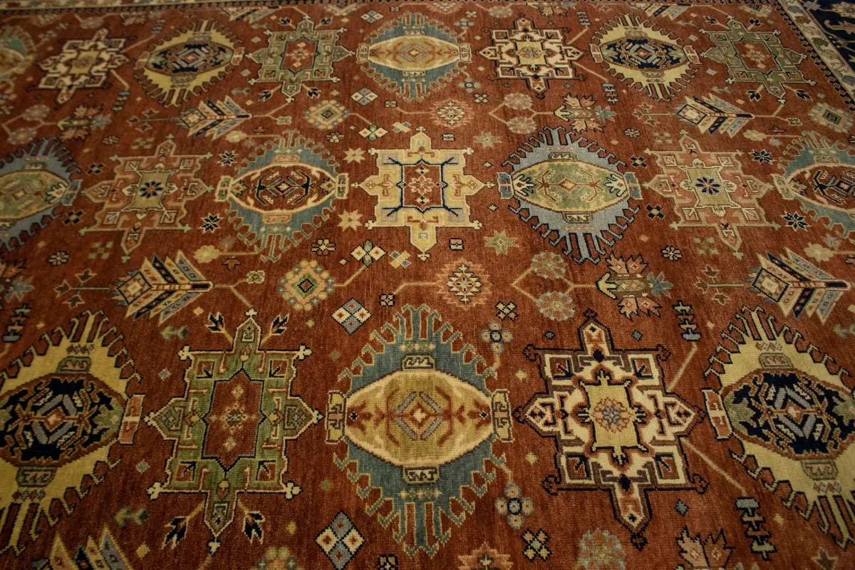 Hand-Knotted Farmhouse Oriental Rug 9X12 Rust Tribal Design Indo-Karajeh Carpet