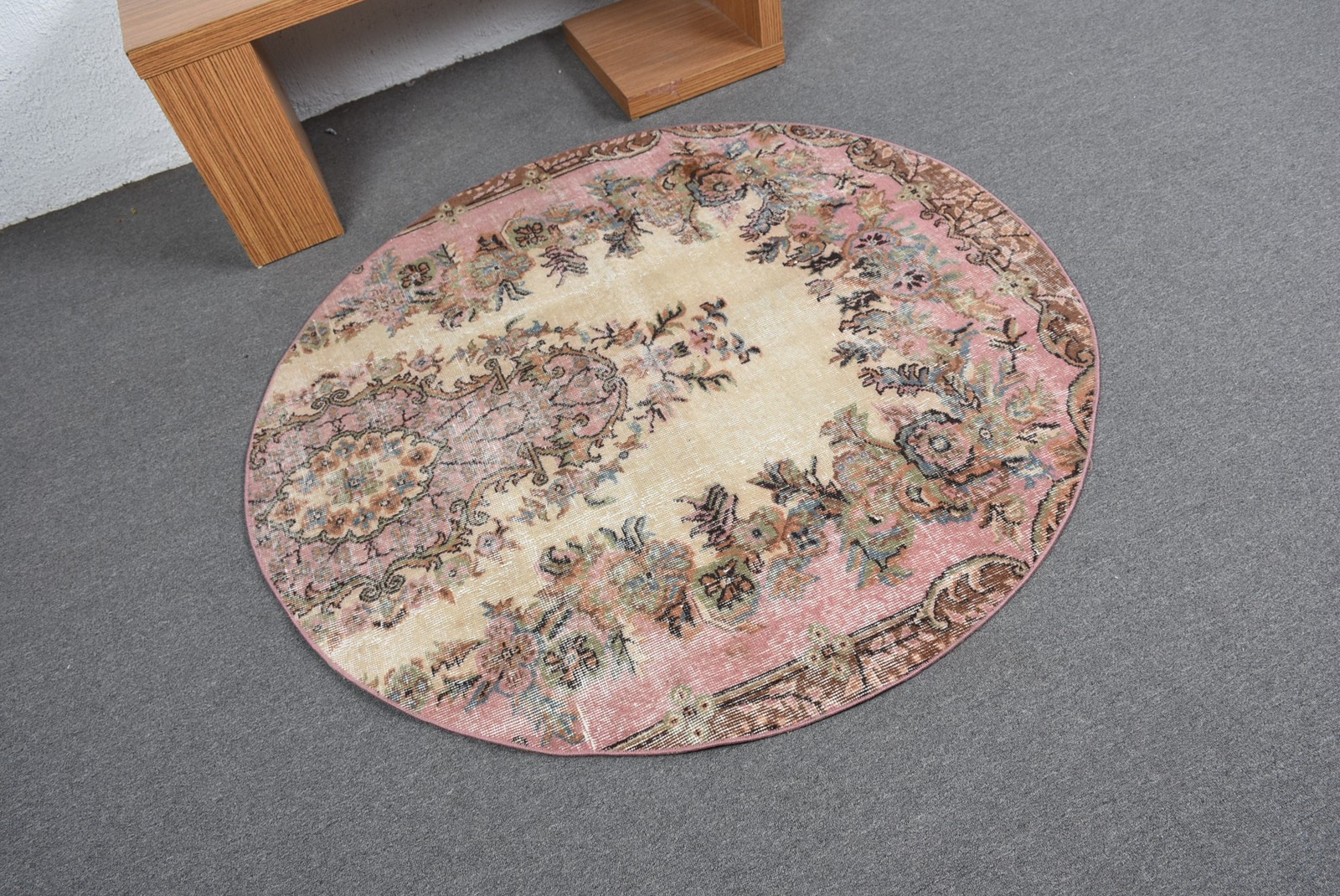 Vintage Turkish Rug, 4,9×4,9 ft Round Rug, Pink Brown Oriental Rug