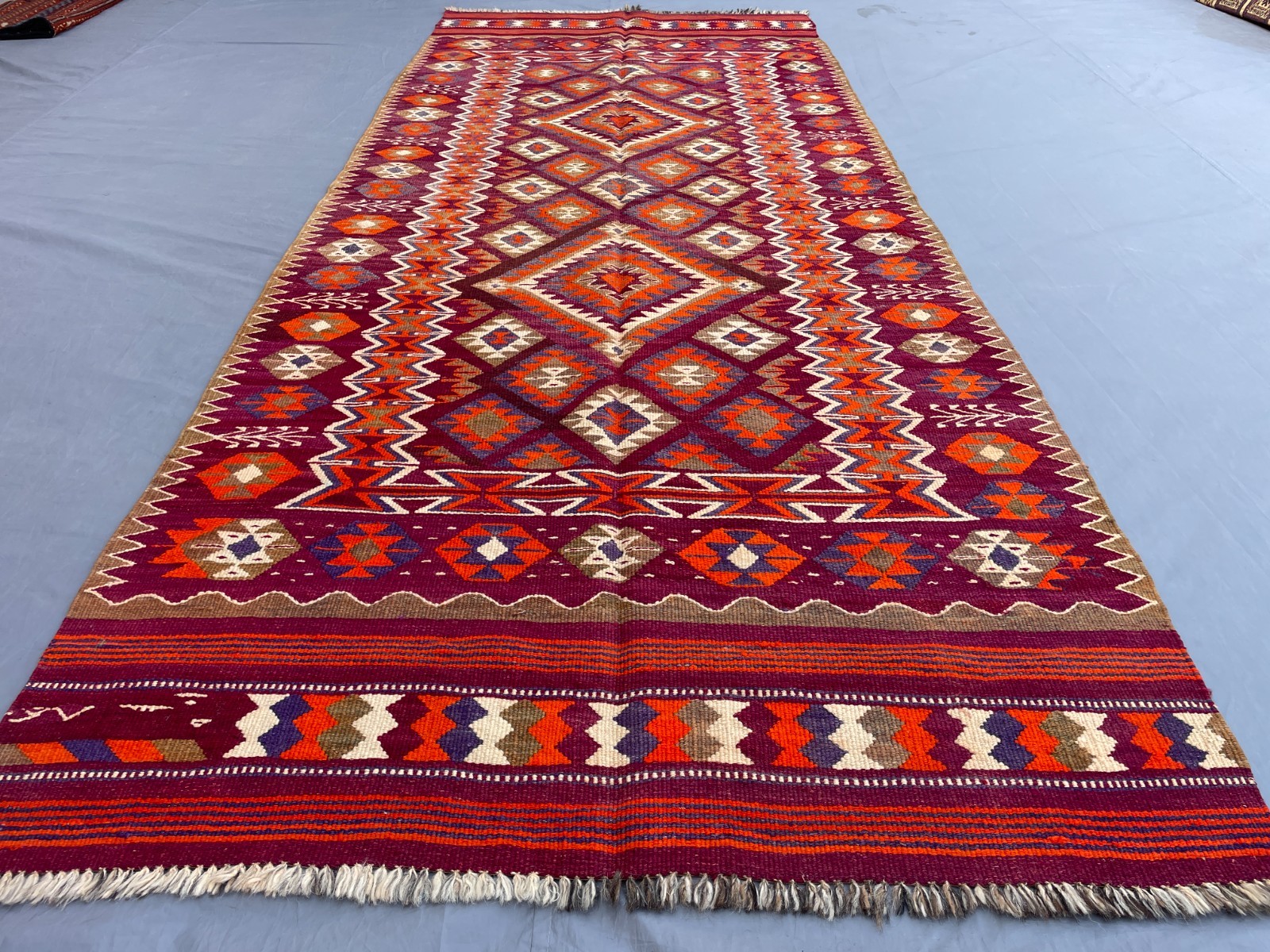 4×10 Geometric Kilim Runner Rug Handwoven Tribal Flatweave Carpet With Diamond