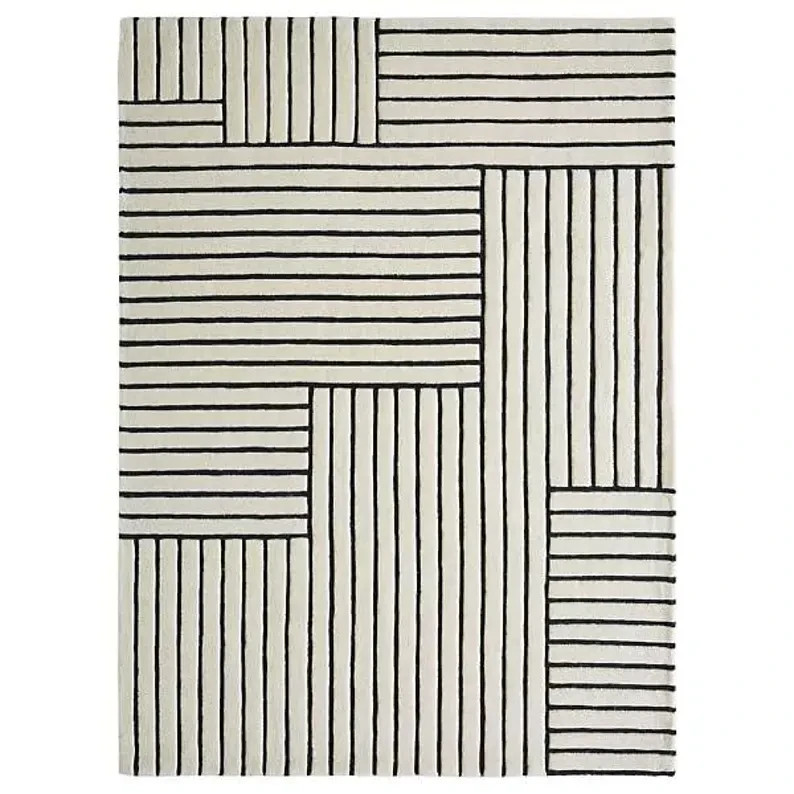 Modern Geometric Striped Area Rug Black White Handmade Carpet