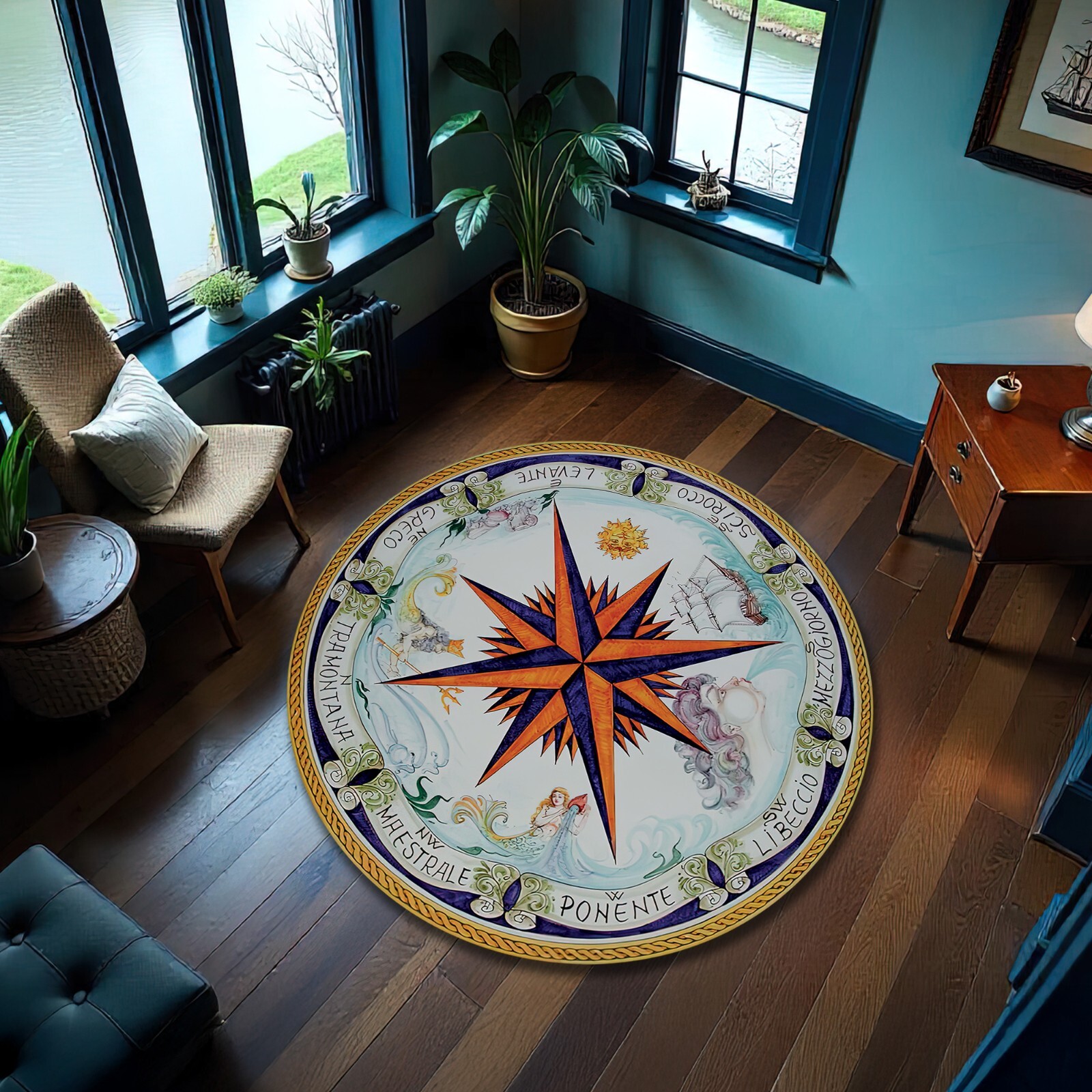 Rustic Nautical Compass Rug, Coastal Decor, Ocean Theme Marine Style Yacht Mat