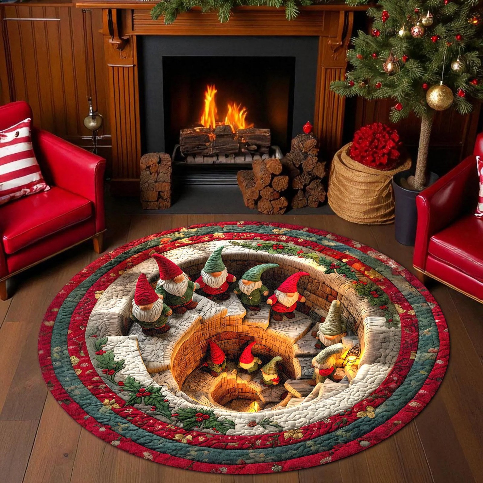 3D Printed Gnome Christmas Round Mat Winter Home Xmas Door Rug Holiday