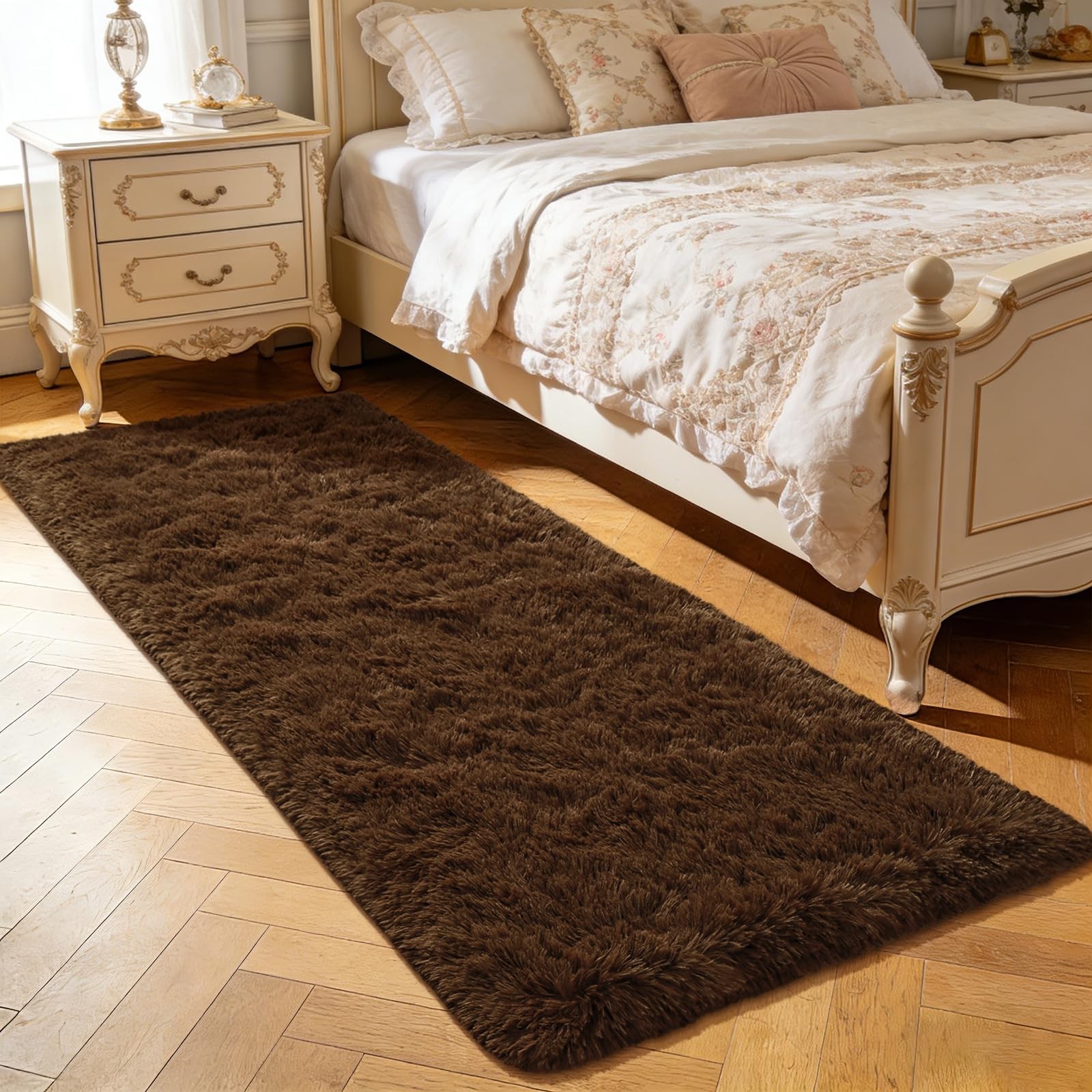 Fluffy Runner Rug for Bedroom Living Room, 2×6 Feet Brown Shag Area Rugs, Sof…