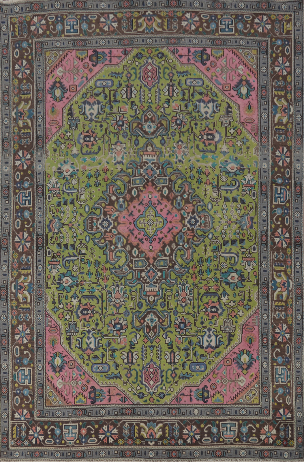 Green Geometric Wool Traditional Over-Dyed Handmade Dining Room Area Rug 6×9