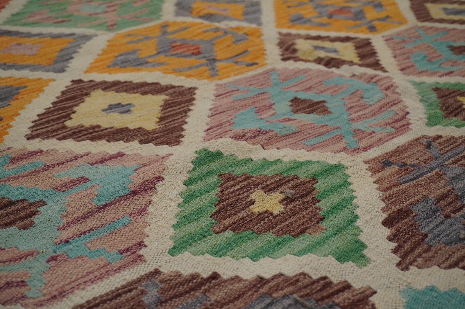 8×11 FT Afghan Beige Blue Hand woven Geometric Wool Kilim Area Rug 8’3×10’11”