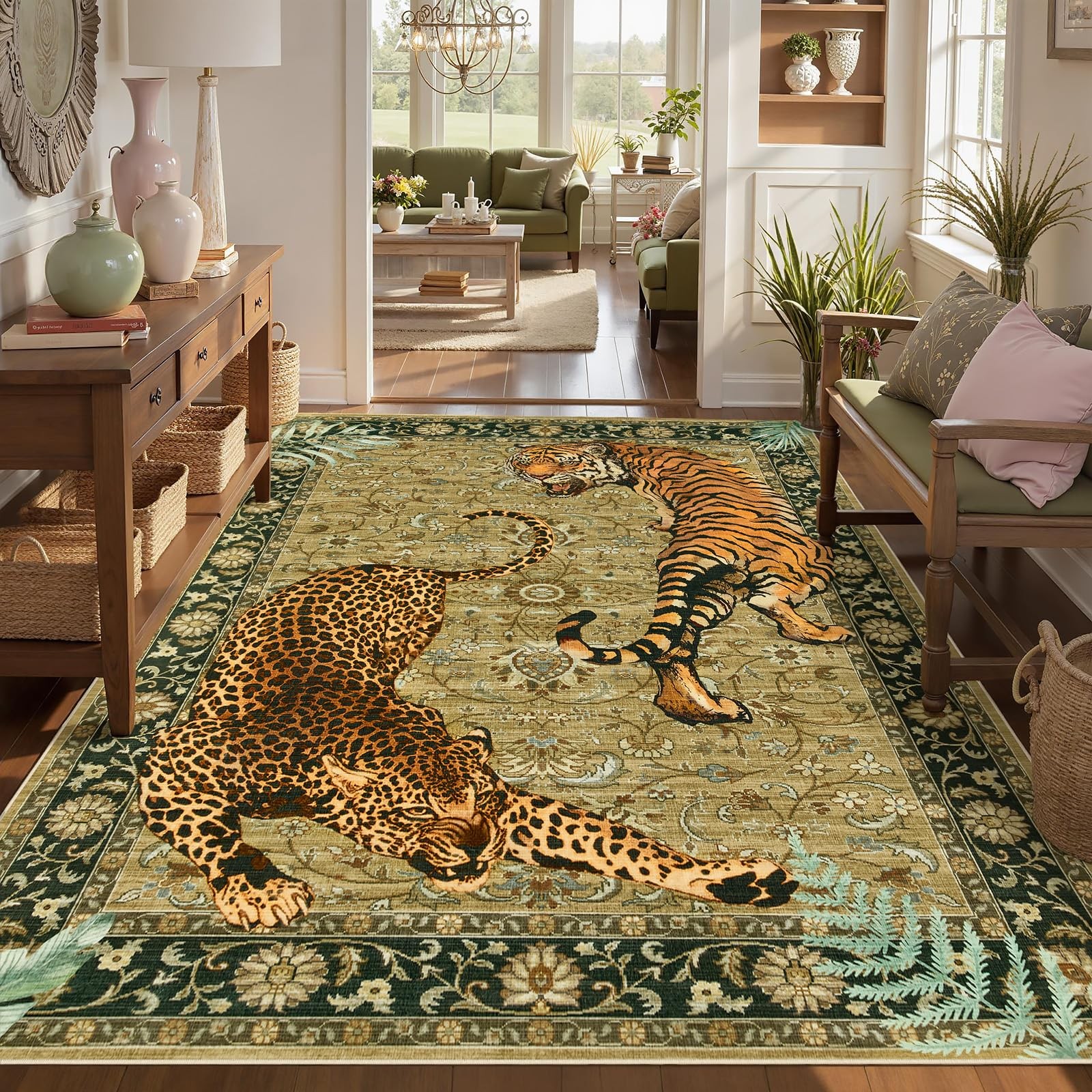 Washable Tiger Print 5×7 Living Room Area Rug, Vintage Boho Cheetah Dining Ro…