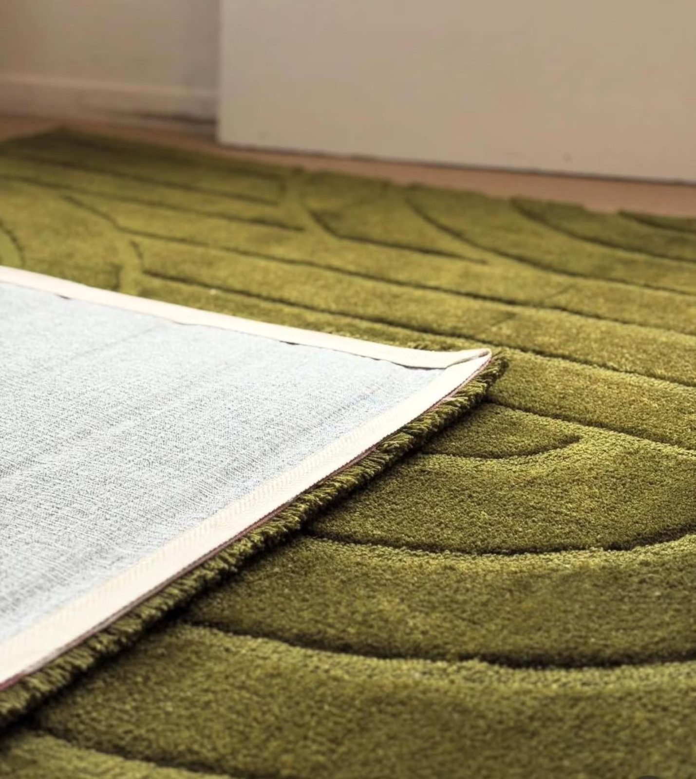 Hand Tufted NZ Wool Rug, Olive Green Geometric Arch, Modern Living Room Carpet