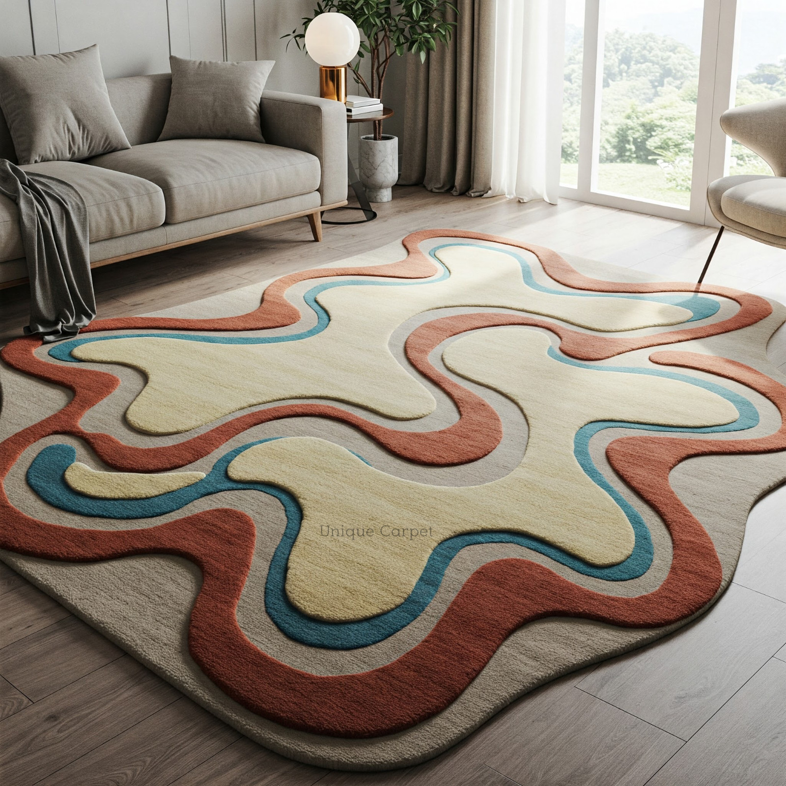 Beige Brown Blue Abstract Hand Tufted Wool Area Rugs For Bedroom, Kids Room