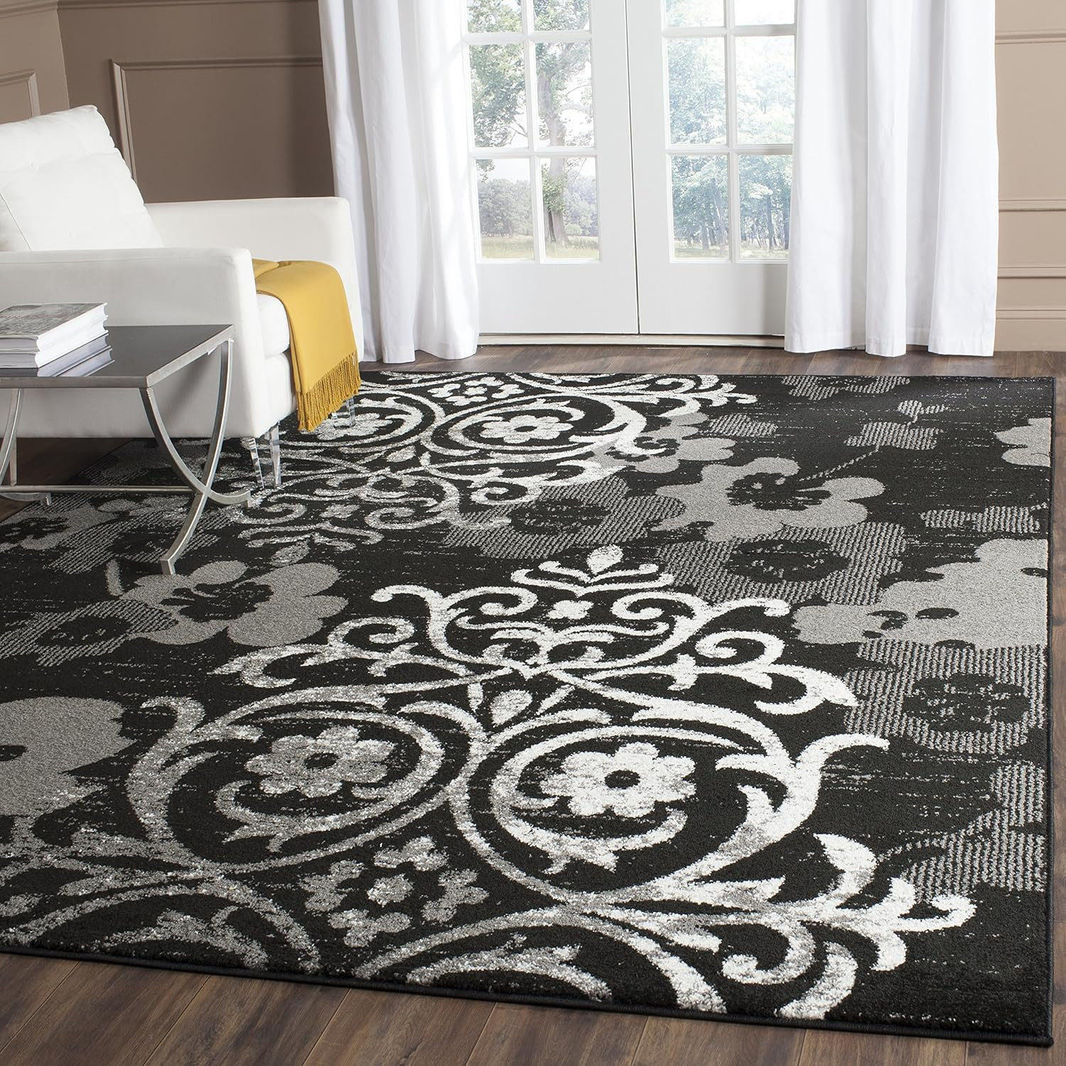 Adirondack 9′ x 12′ Black & Silver Floral Area Rug – Easy Care, Non-Shedding