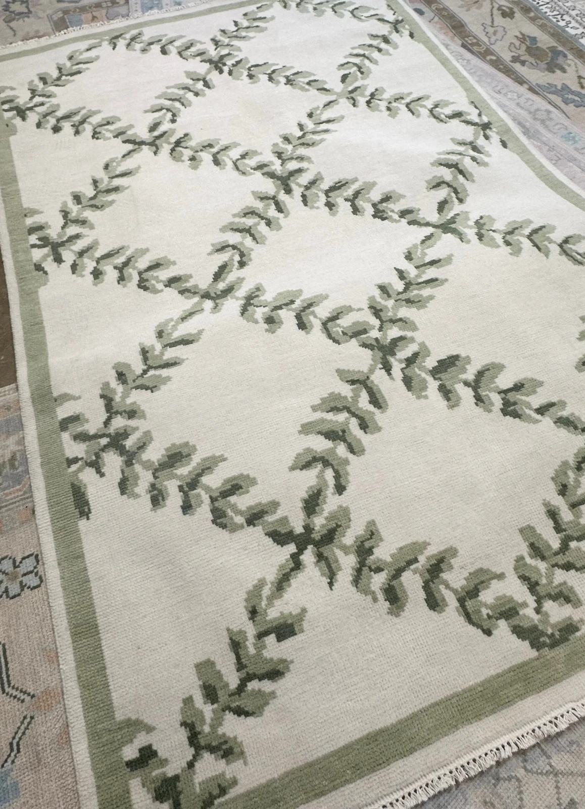 Ivory Sage Oushak Rug Handmade Wool Area Rug Vintage Turkish Farmhouse Carpet