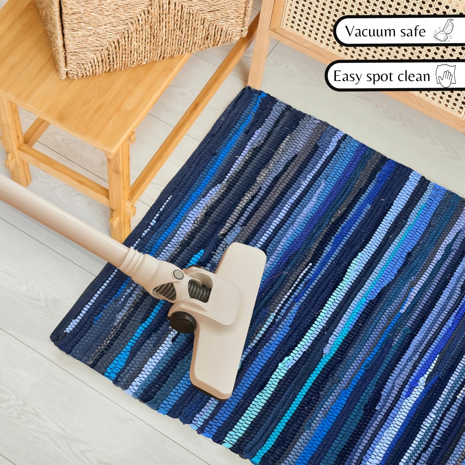 Cotton Rag Rug 2’x3′ – Navy, Braided Recycled Rugs for High Traffic Area, Boh…