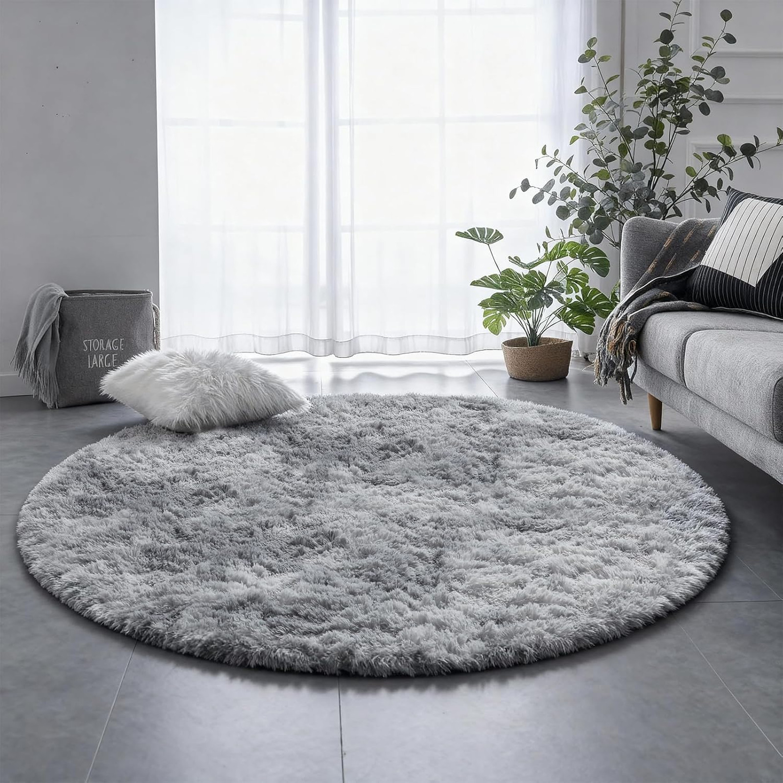Tie-Dyed Light Grey Round Area Rug 6×6 Ft for Living Room Bedroom Kids Room