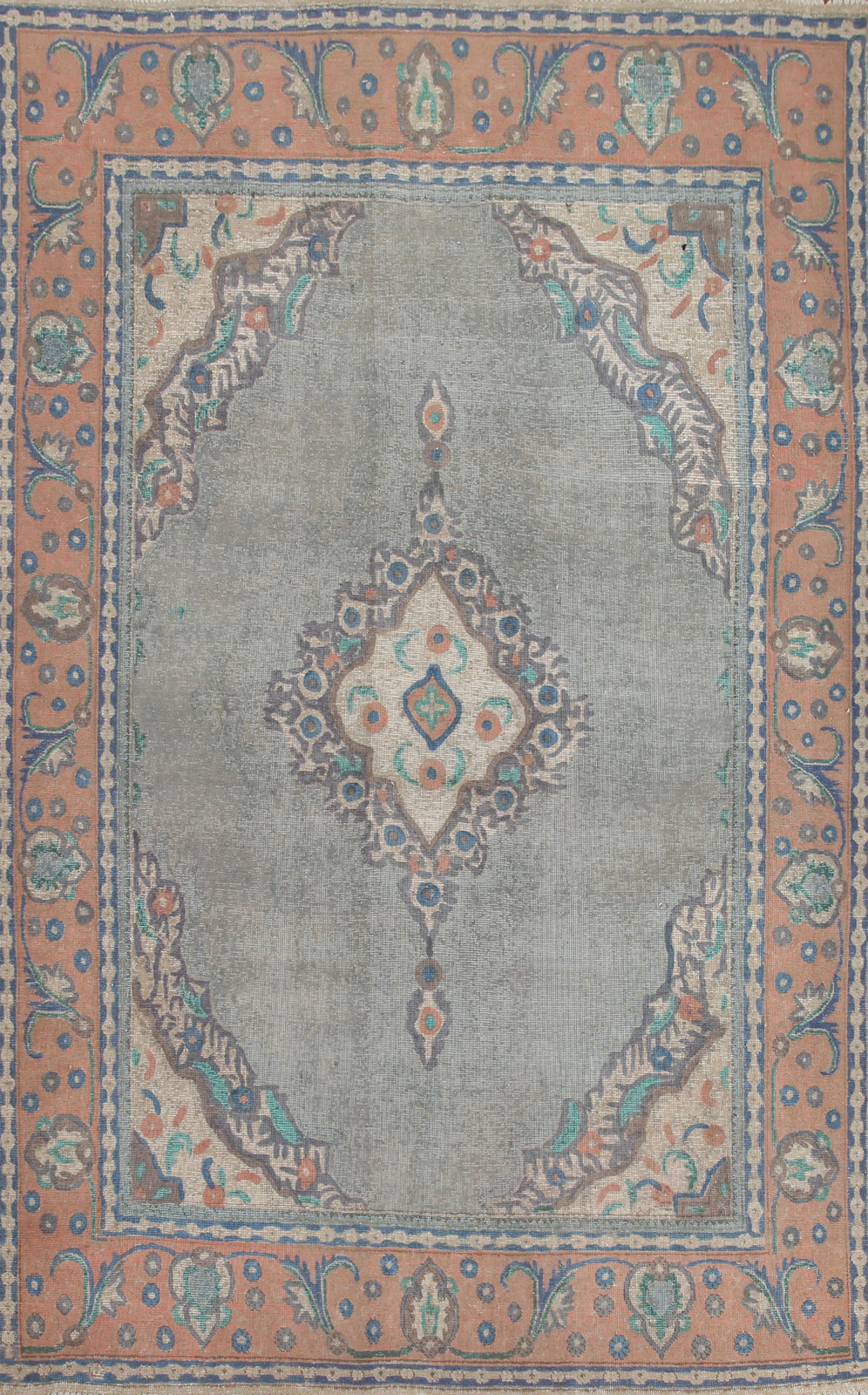 Vintage Sage Green Wool Hand-knotted Tebriz Living Room Area Rug 7×10 Carpet