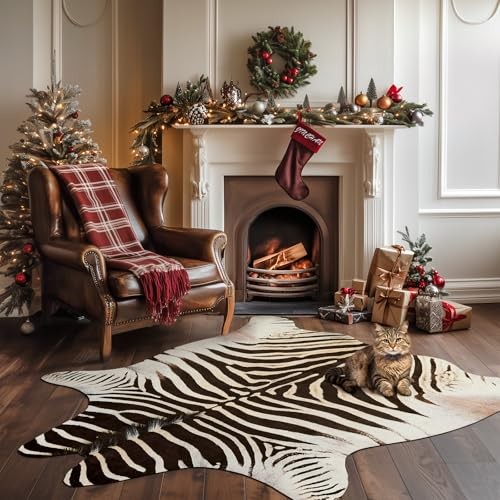 Zebra Print Area Rug Faux Skin Cowhide Animal Design Mat Faux Suede Safari