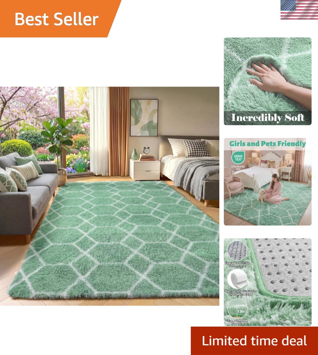 Ultra Soft Sage Green & White Throw Rug – Perfect for Kids’ Rooms & Nurseries