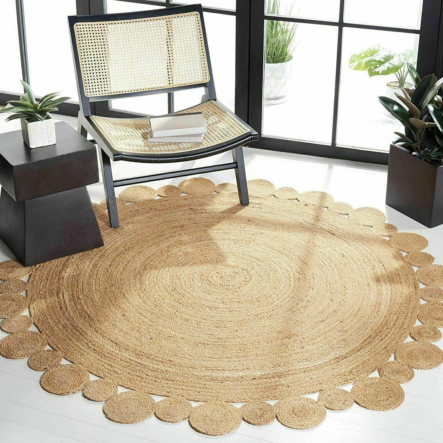Rug 100% Natural Jute Braided Style Rug Reversible Carpet Modern Living Area Rug