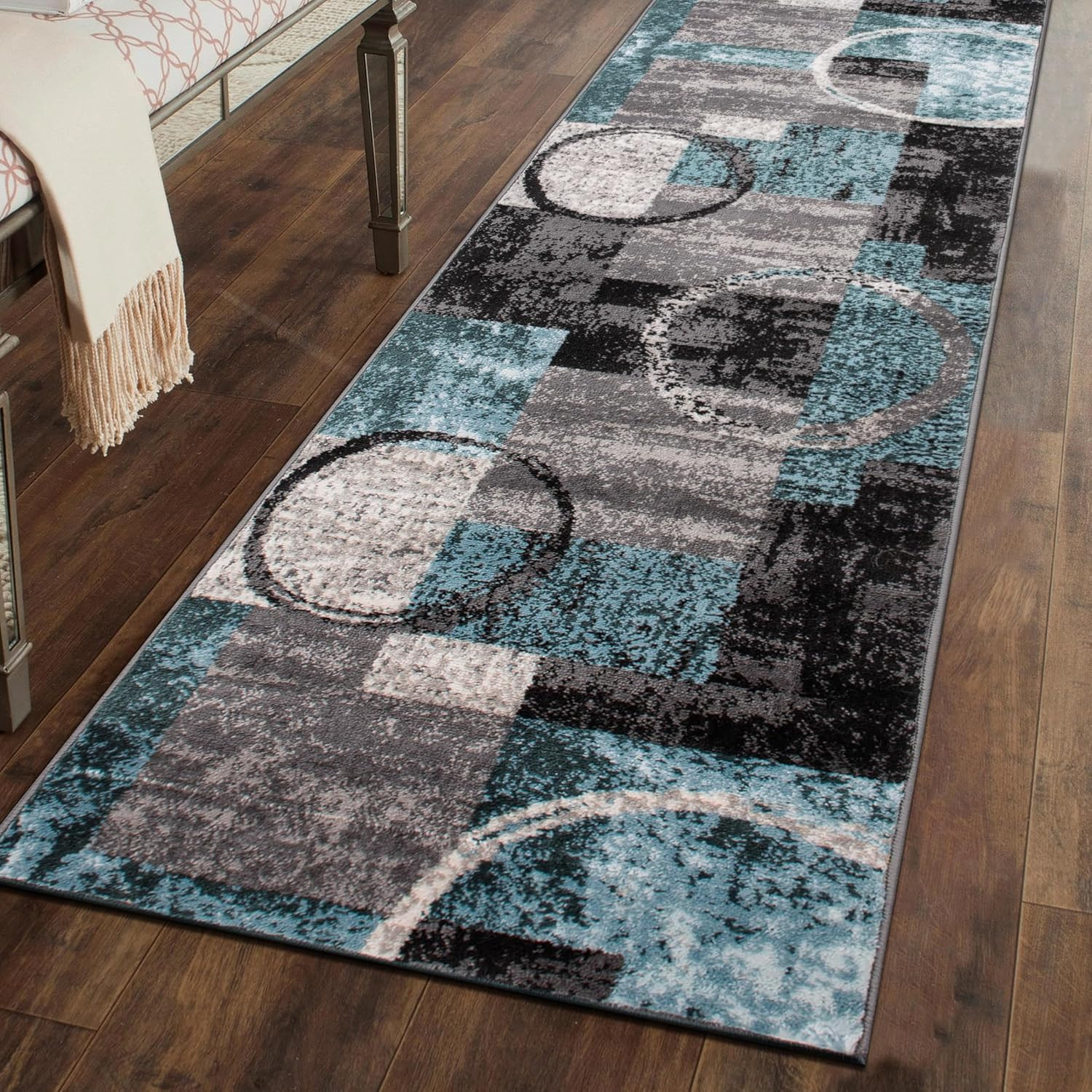 Stylish Gray Circle Design Runner Rug with Jute Backing, 2’7″ x 6