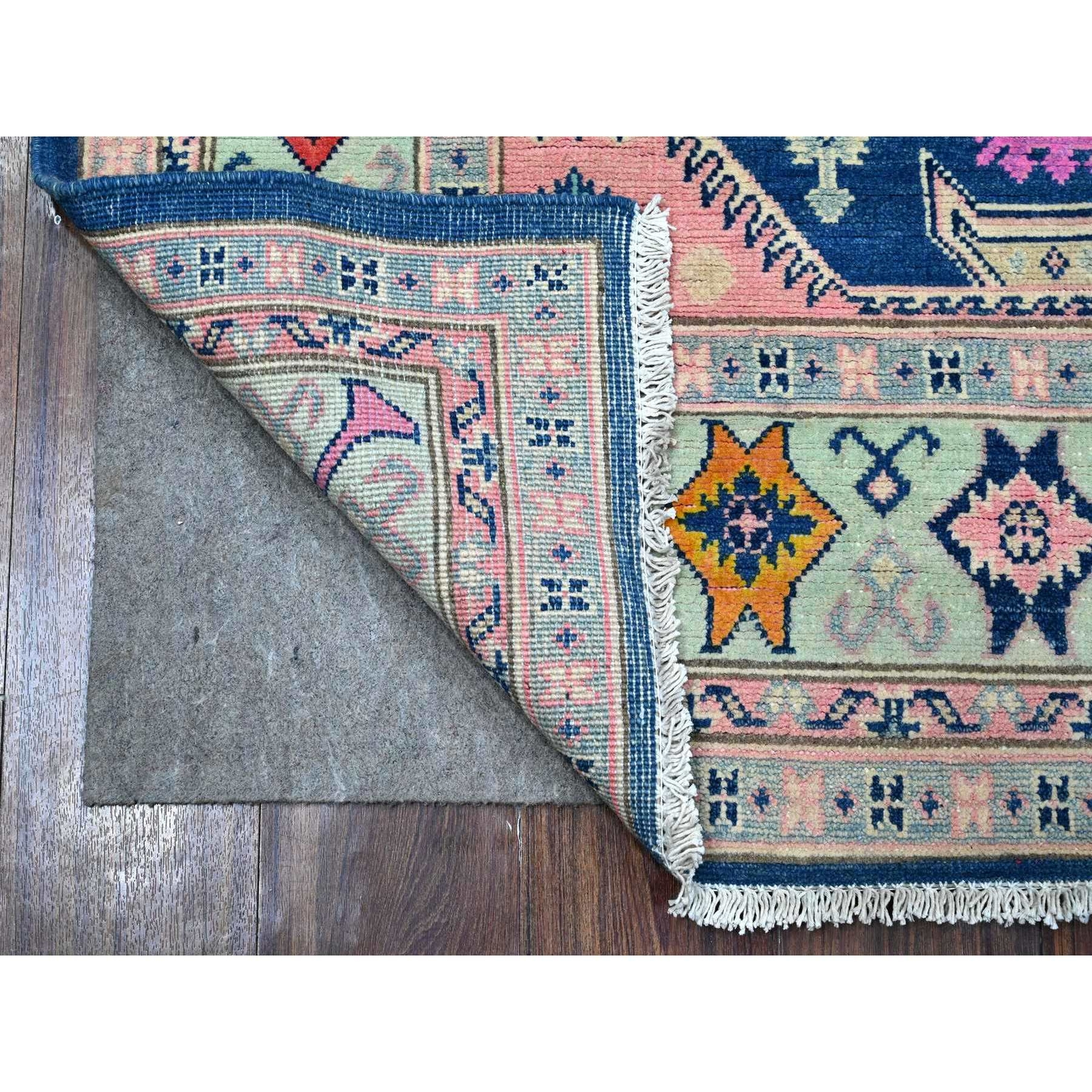 5’x6’10” Lowes Blue Multiple Borders Vibrant Fusion Kazak Oriental Rug R89232