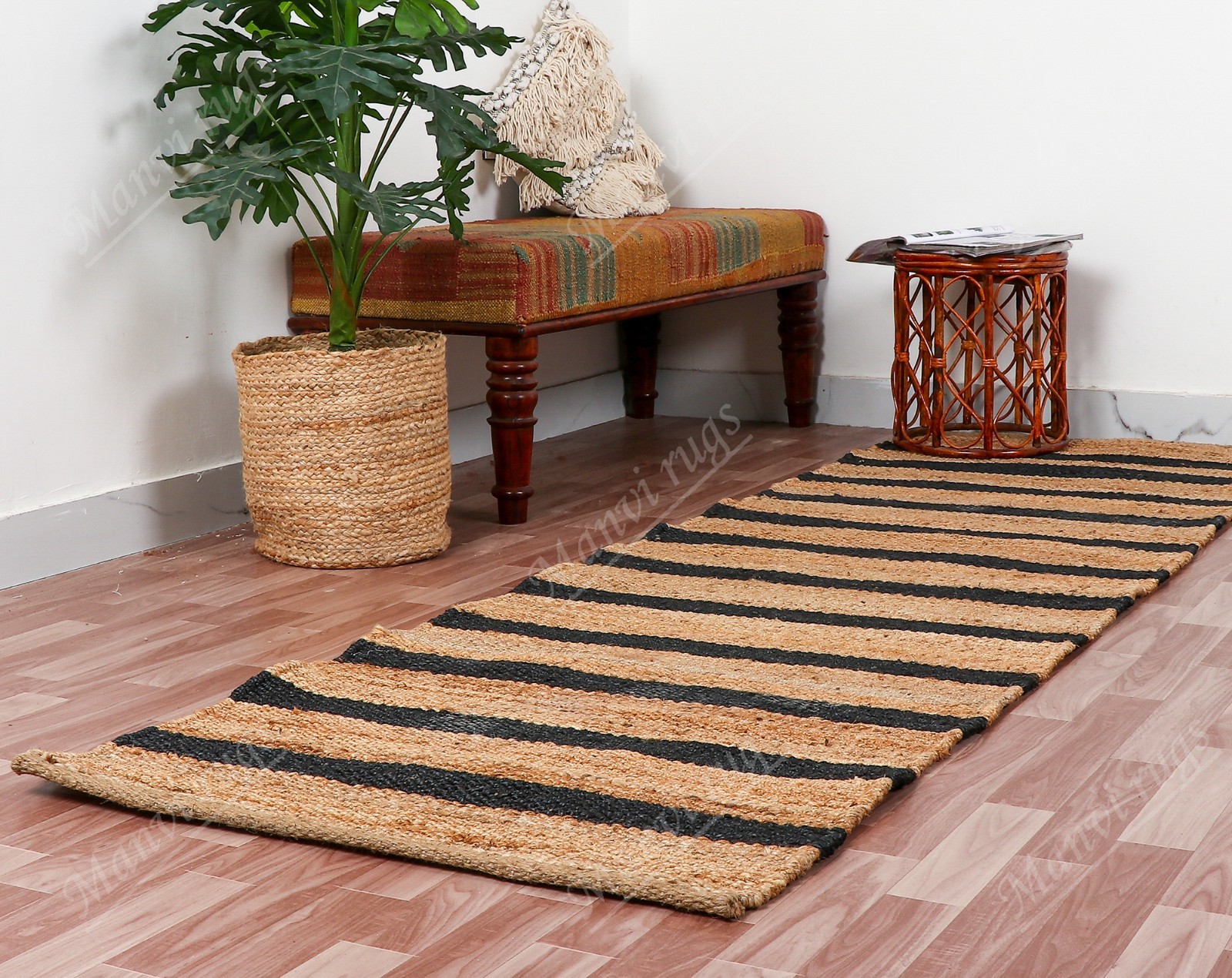 Hand Loomed Jute Hemp Runner Rug, Vintage Style, Custom Size