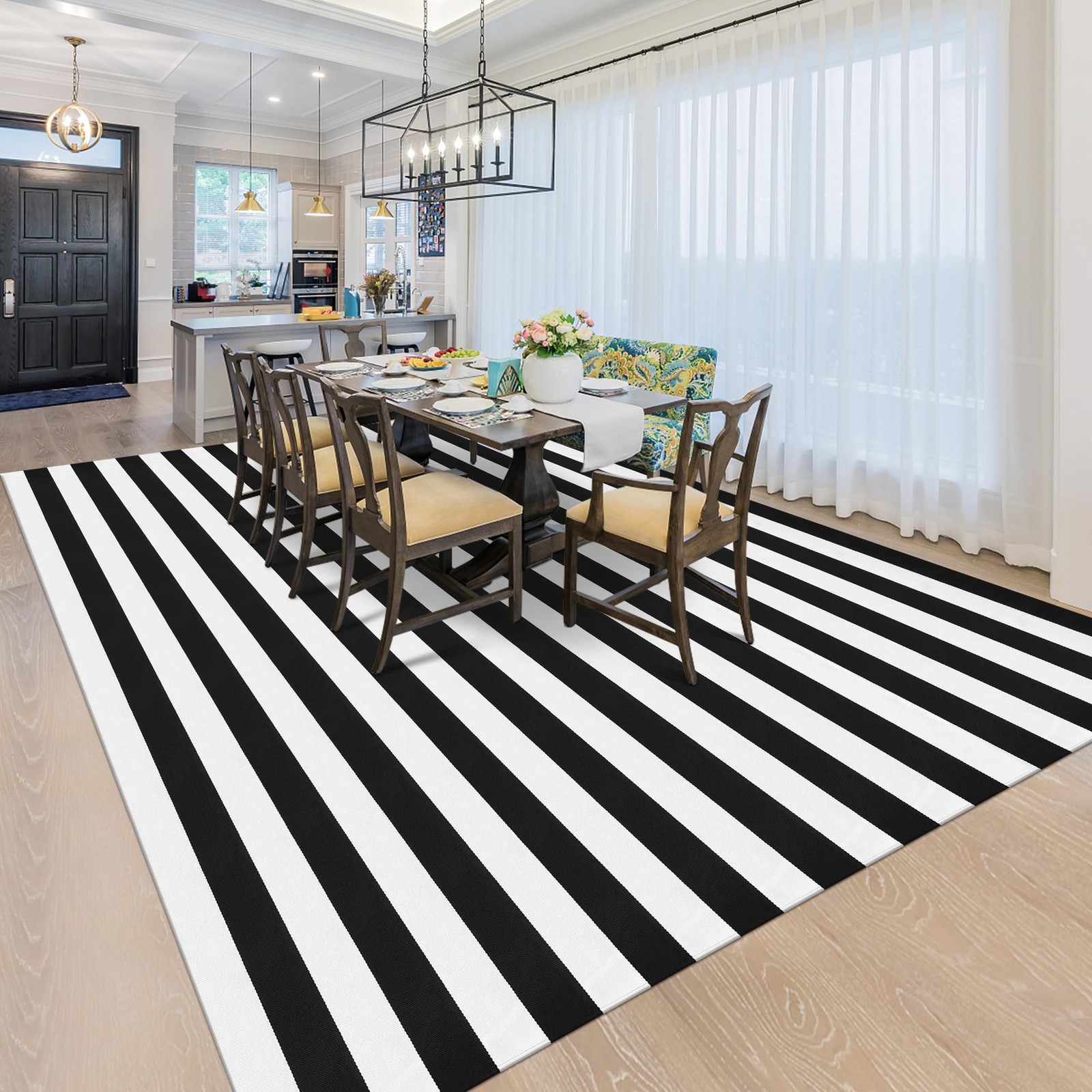 Black and White Striped Rug 8×10 Feet Cotton Woven Rug Reversible Retro Farmh…