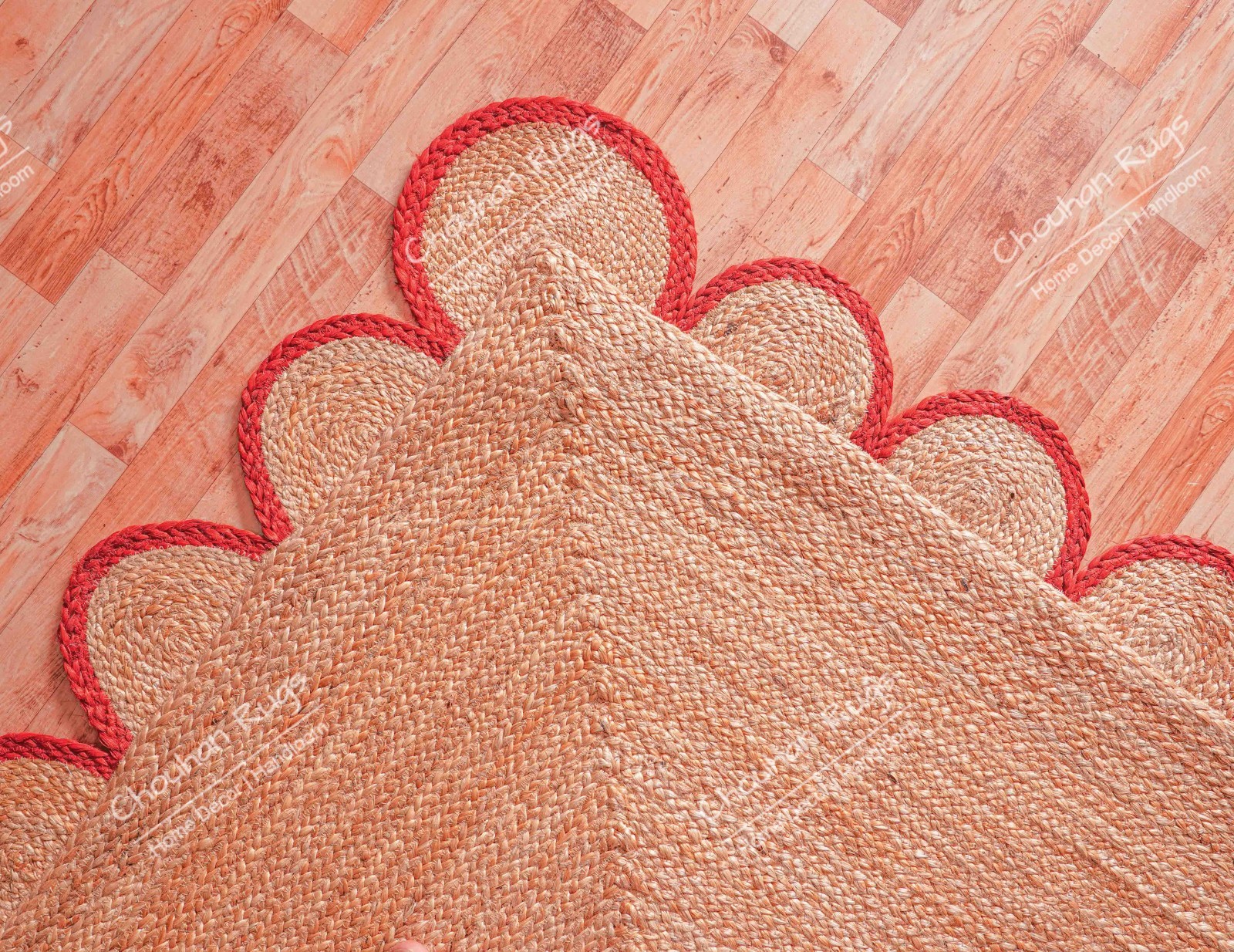 Hand Braided Natural Red Scallop Jute Runner Rug Farmhouse Decor Hallway Runner