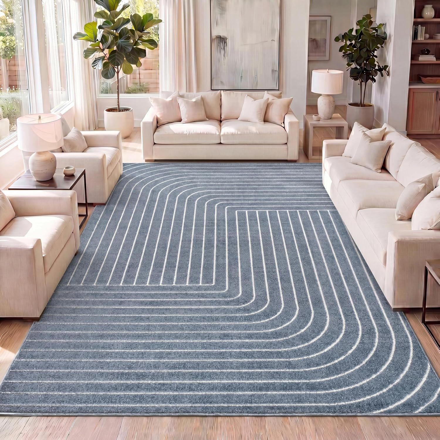 Odense High-Low Angle Dark Blue/Cream 3X5 Indoor/Outdoor Area Rug for Patio, Bac
