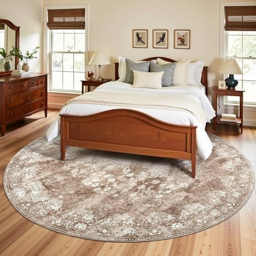 Round 8ft Vintage Area Rug – Washable Floral Print Circle Carpet for Home, Kitch