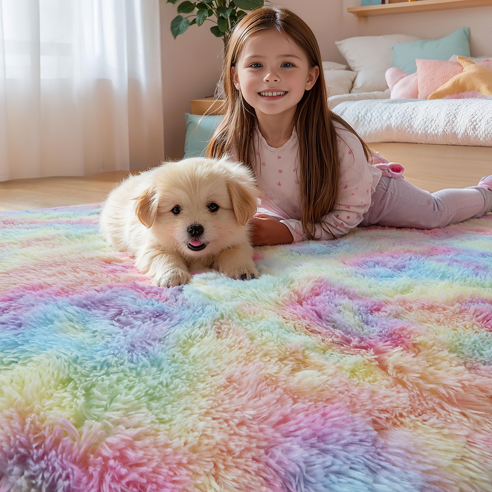 Washable 4X6 Rainbow Fluffy Shaggy Area Rugs Kawaii Princess Soft Plush Carpet