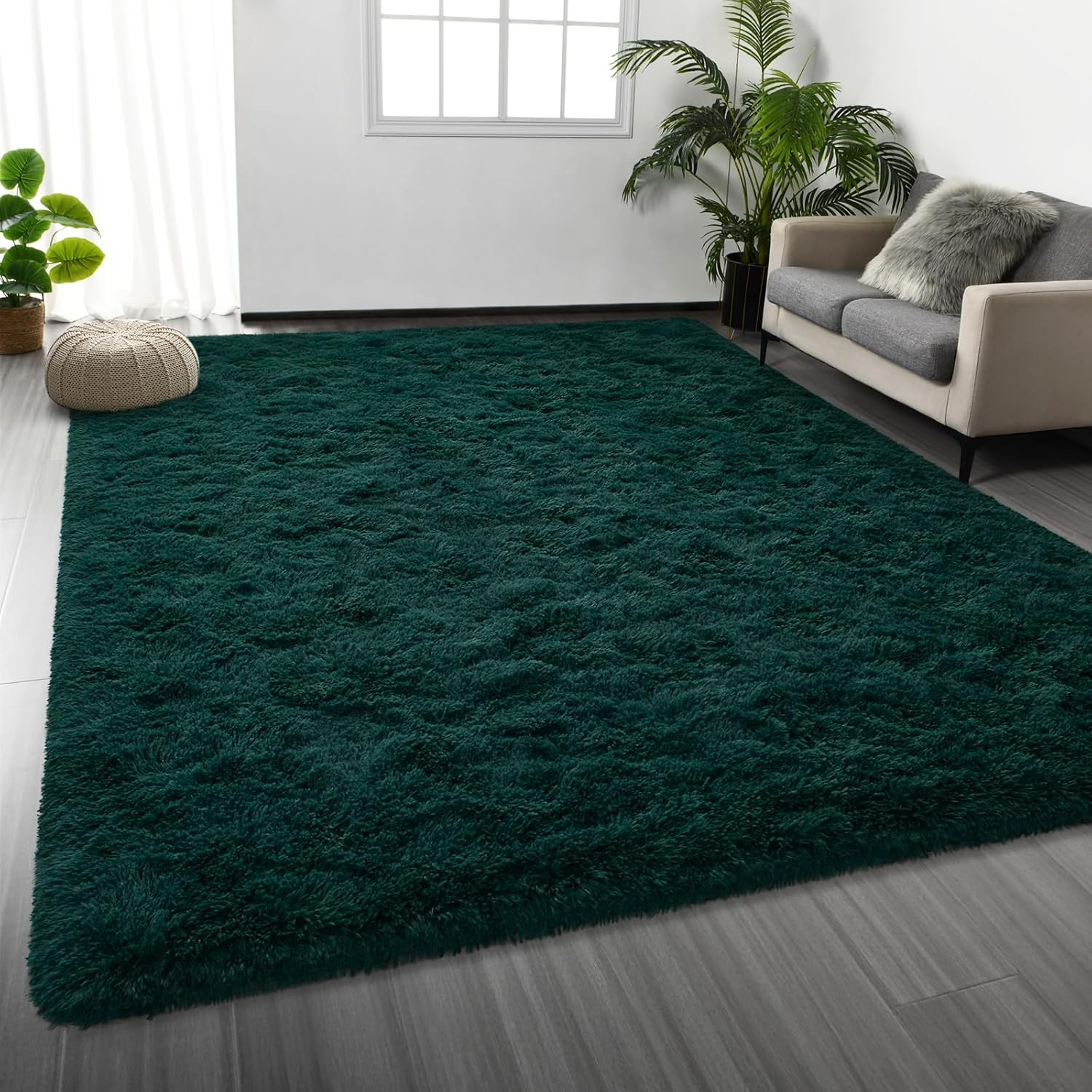 Deep Green Plush Shag Area Rug 8×10 – Soft Fluffy Carpet for Living Room & Kids