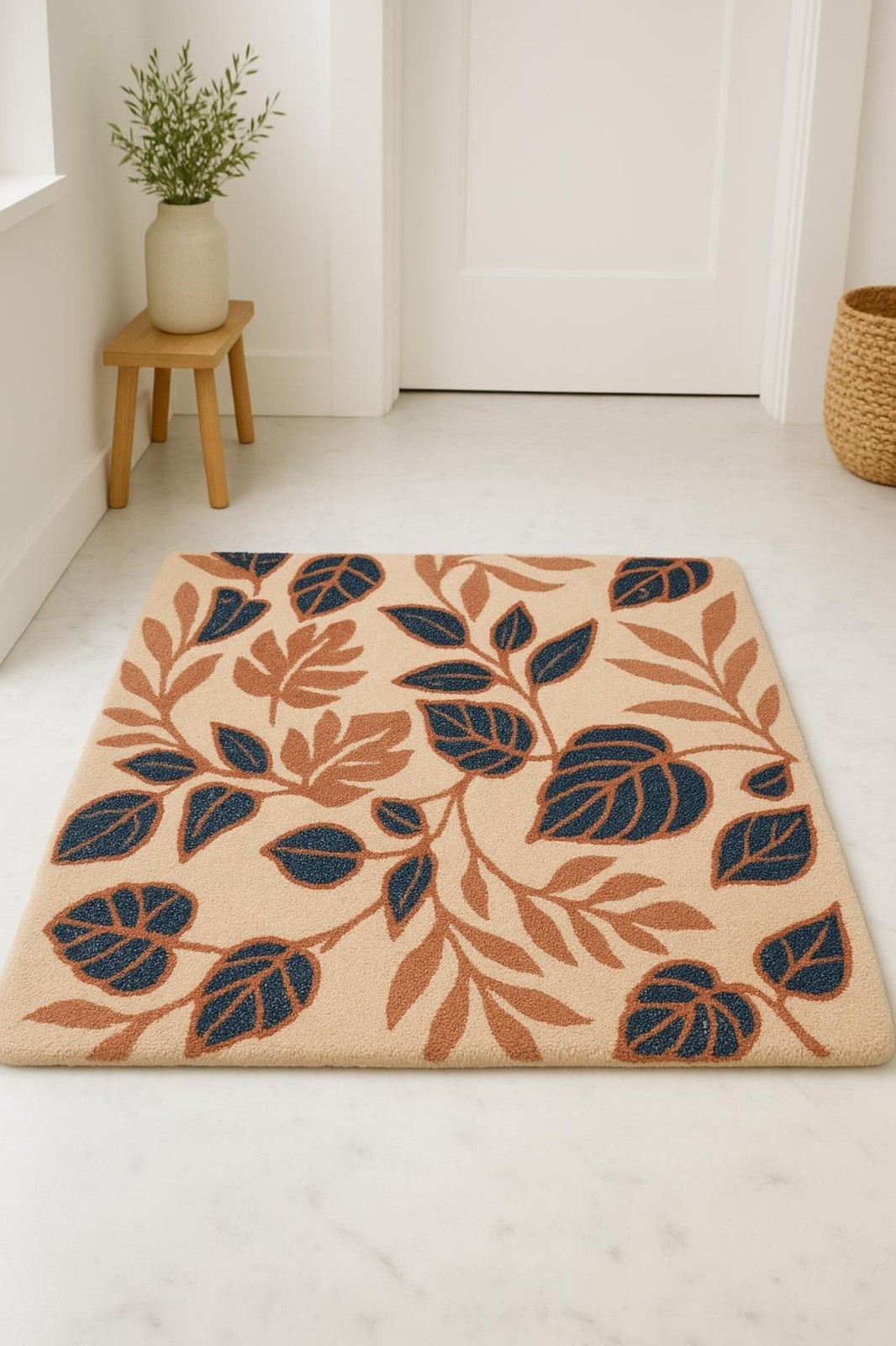 Hand Tufted New Zealand Wool Rug Color Beige Blue & Rust Flower Design Carpet Ru